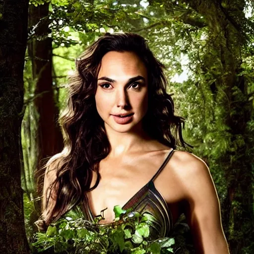 Image similar to Portrait of the beautiful woman Gal Gadot as a dryad, she has those characteristic sparkling green eyes, she is looking straight to the camera, she has a glow coming from her, she is getting illuminated for rays of light, behind her is an ancient forest full of life, the photo was taking by Annie Leibovitz, Ellie Victoria Gale and Steve McCurry, matte painting, oil painting, naturalism, 4k, 8k