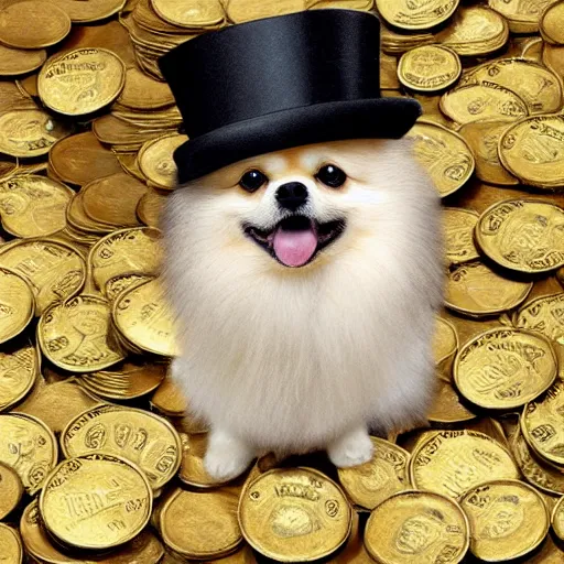 Image similar to A pomeranian wearing a top-hat, sitting on top of a large pile of gold coins