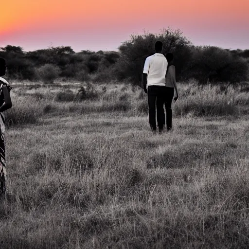 Image similar to a couple of a man and a woman dressed in goyesques looking back at the african savannah at sunset. in the background on the left the ship enterprise approaches. national geographic photography style.