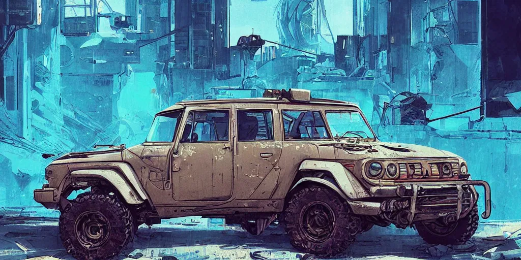 Image similar to digital illustration of a futuristic faded cyan mad max's fj 4 0 decrepit!!!! pursuit special, rusty!!! cyberpunk nissan fj cruiser heavily modded 1 9 9 0 s, the last v 8 interceptor by makoto shinkai, ilya kuvshinov, lois van baarle, rossdraws, basquiat