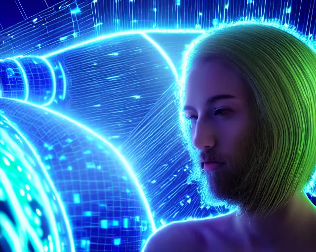 Image similar to glowing hair, complex cybernetic beings, beautiful hairy humanoids, cybermagnetosphere, cybernetic civilizations, ornate hair, love, joy, vortexes, large arrays, data holograms, 8 k, cinematic light shadows, wet hdr refractions, *, * * *, * * * * *