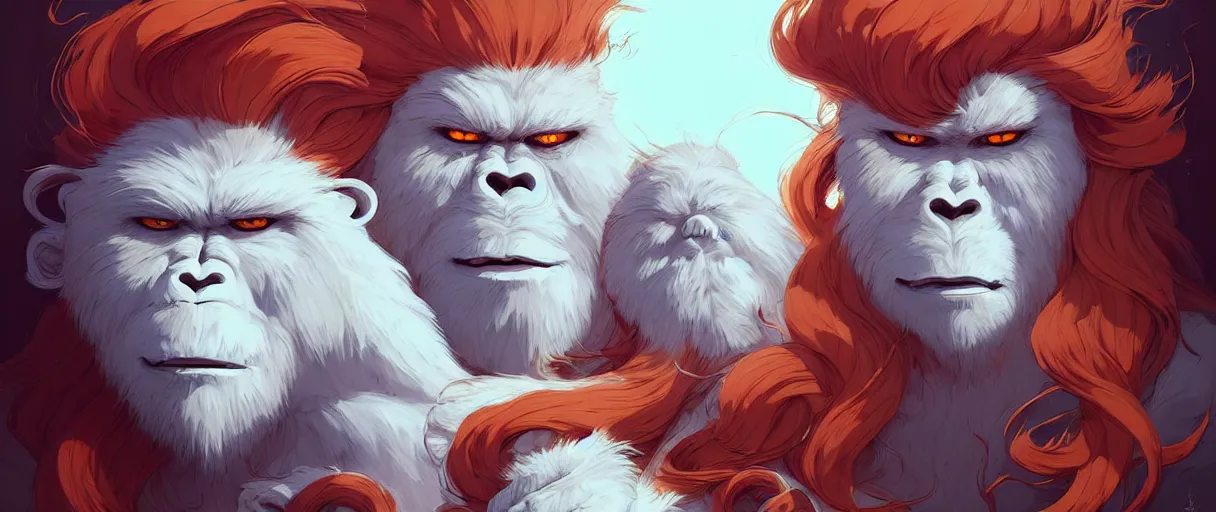 Prompt: beautiful artistic - wave highly detailed portrait of yeti and bigfoot, with kitsune mask, long red hair, by atey ghailan, by greg rutkowski, by greg tocchini, by james gilleard, by joe fenton, by kaethe butcher, dynamic lighting, gradient light blue, brown, blonde cream and white color scheme, grunge aesthetic