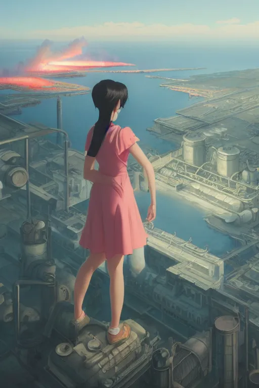 Image similar to a highly detailed matte painting of a girl watching nuclear power plant fire by studio ghibli, makoto shinkai, by artgerm, by wlop, by greg rutkowski, volumetric lighting, octane render, 4 k resolution, trending on artstation, masterpiece