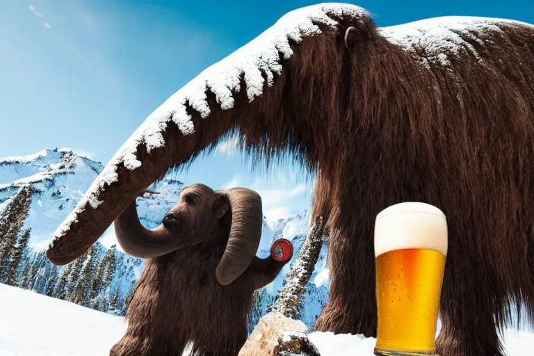 Prompt: mammoth with a beer