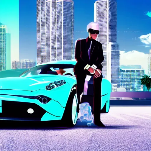 Image similar to vaporwave miami beach yakuza in suit driving in sports car driving with city in background