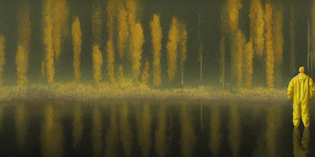 Prompt: a man in a yellow hazmat suit carries a barrel of nuclear waste and stands in a small lake with reflections in a detailed forest, painting, concept - art!!, rendering, octane, redshift, cinematic composition, volumetric lighting