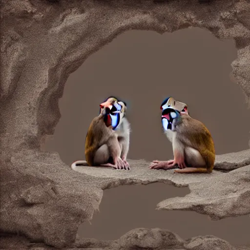 Image similar to two macaques looking at each other inside ancient cave, digital art, soft shadows, creepy art