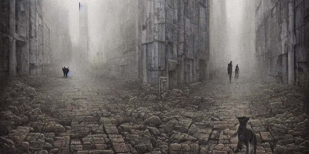 Image similar to cyberpunk demon kitten walking in a dystopian wasteland, Beksinski, MC Escher