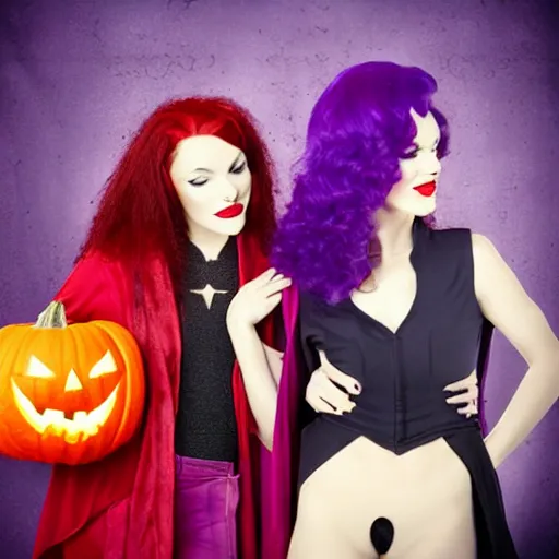 Prompt: vampire woman with purple hair and a red cape shopping for Halloween pumpkins, retro sci Fi pop art,