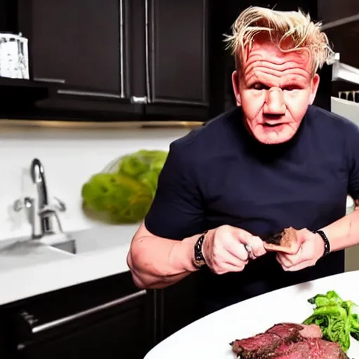 Image similar to gordon ramsay dipping steak into a toilet and eating it