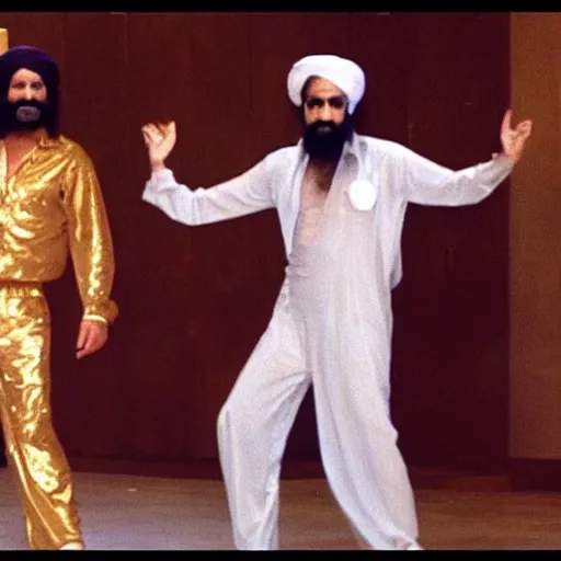 Image similar to A still of Osama Bin Laden wearing a disco suit in Saturday Night Fever