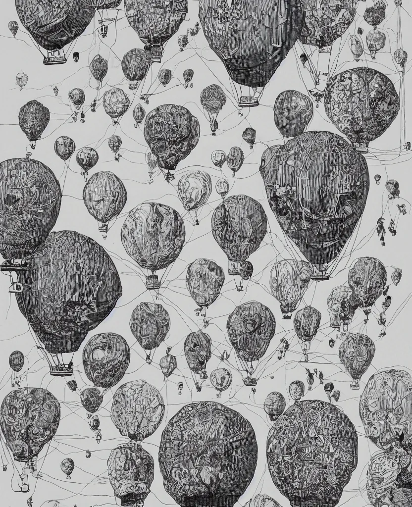 Image similar to human heads as hot air balloons illustration by salvador dali and moebius, intricately detailed