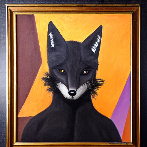 Prompt: portrait of a male anthro anthropomorphic black fox furry fursona with hands on eyes, wearing a suit, 1 9 7 0 s oil on canvas painting, by famous artist jylon denja