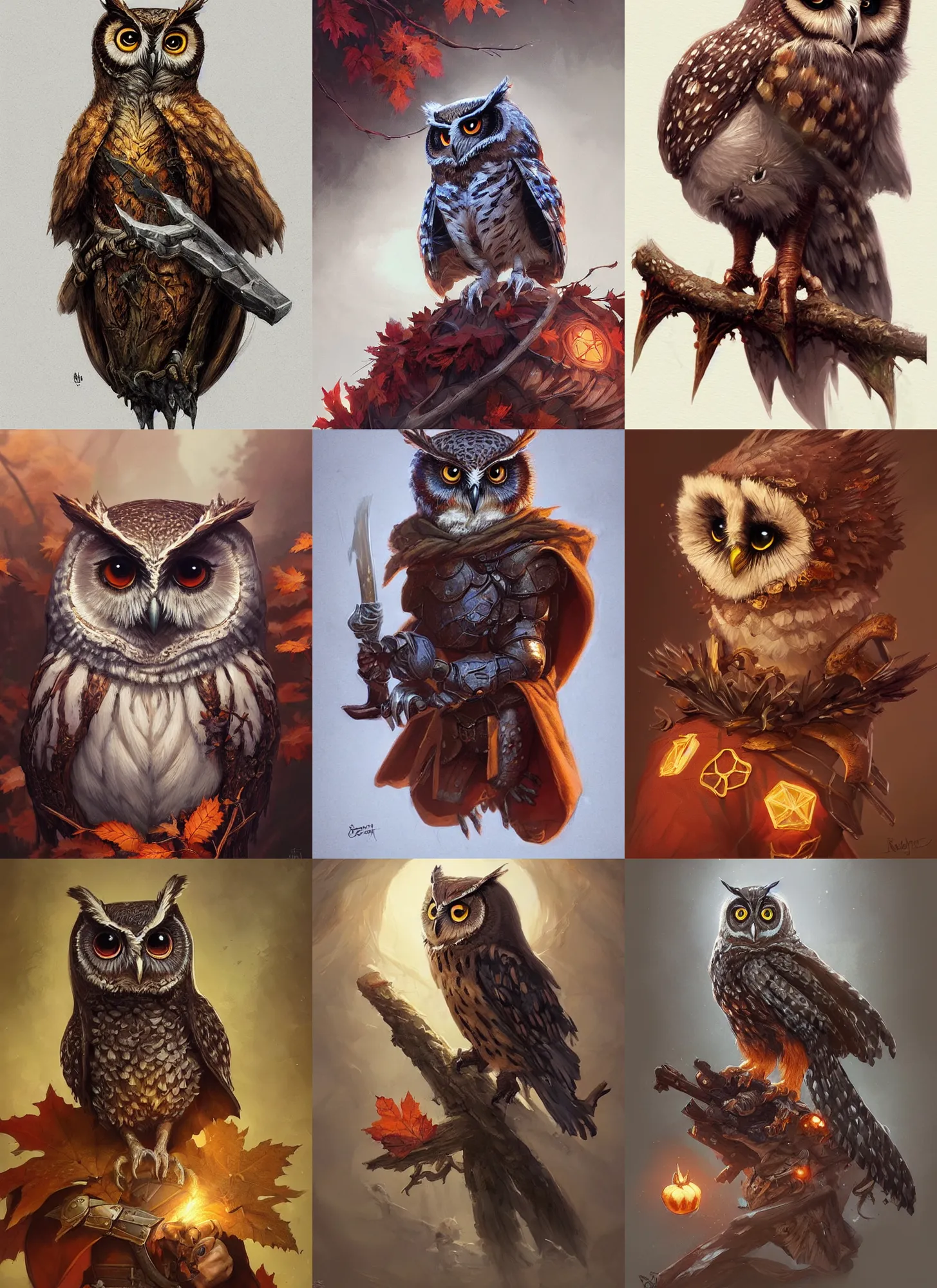 Prompt: cute autumnal owl knight, d & d, fantasy, portrait, highly detailed, digital painting, trending on artstation, concept art, sharp focus, illustration, art by artgerm and greg rutkowski and magali villeneuve