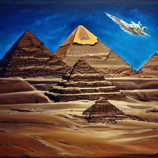 Prompt: oil on canvas of egyptian god beautiful majestic. realistic. beautiful. mysterious. intricately detailed. meticulously rendered.. pyramid. epic. 8 k hd. trending on art station. h 7 6 8