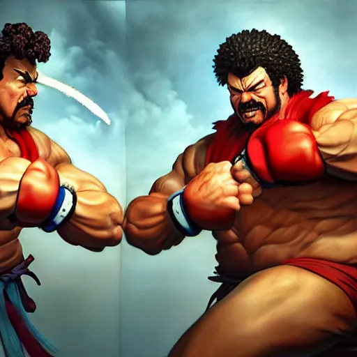 Prompt: danny mcbride as e. honda street fighter, battle stance, ultra realistic, concept art, intricate details, highly detailed, photorealistic, octane render, 8 k, unreal engine, art by frank frazetta, simon bisley, brom