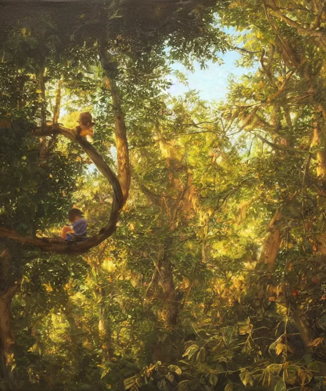 Image similar to masterful oil on canvas painting, eye - level view, shot from 5 0 feet distance, of a kid playing in a treehouse. in the background is a whimsical forest. golden hour, detailed, depth, volume, chiaroscuro, quiet intensity, vivid color palette.