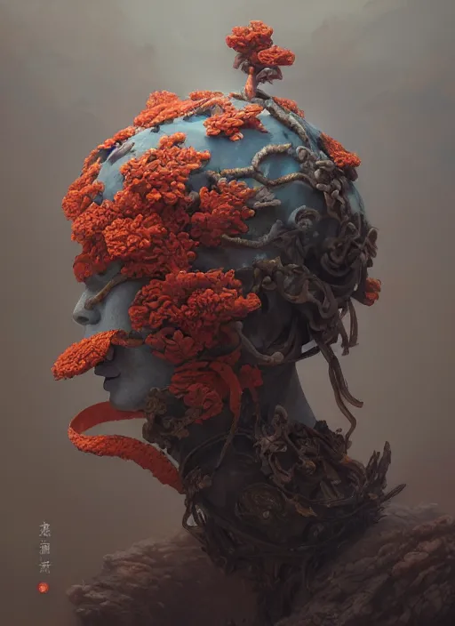 Image similar to Helmet of a forgotten Deity, corals, ribbons made of seaweed, extremly detailed digital painting, in the style of Fenghua Zhong and Ruan Jia and jeremy lipking and Peter Mohrbacher, mystical colors, rim light, beautiful lighting, 8k, stunning scene, raytracing, octane, trending on artstation