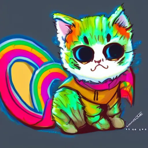 Image similar to wide angle full body, jacket wearing fluffy cute rainbow kitten wearing a black leather motorcycle jacket, concept art