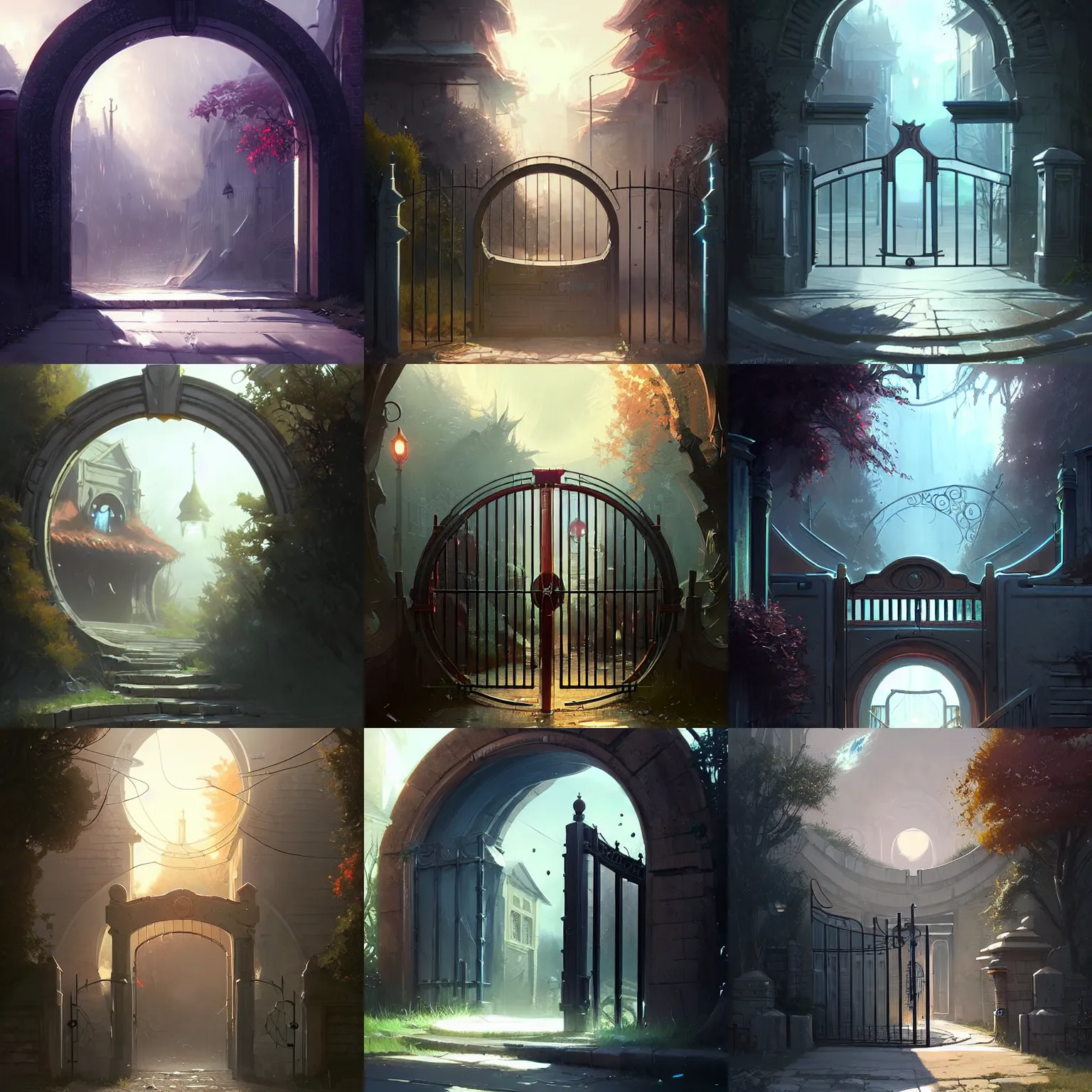 Prompt: circular magic gate that leads to a suburban street. urban fantasy, high detailed digital art trending in artstation. artist greg rutkowski