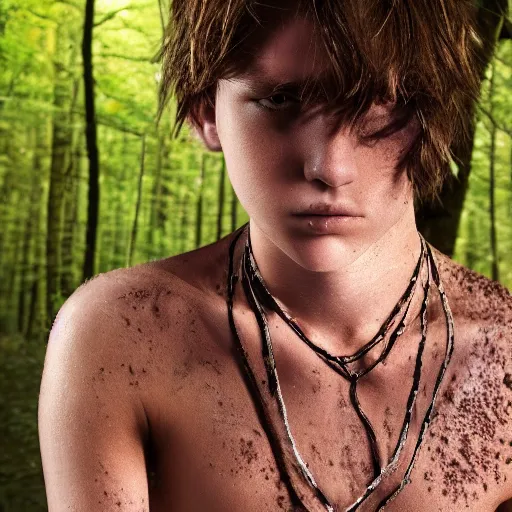 Image similar to a teenage boy, around 1 9 yo. choker necklace. natural brown hair. loincloth, pale skin. detailed face. scar on chest. ominous and eerie looking forest in background. natural colors. hyperrealistic photo.