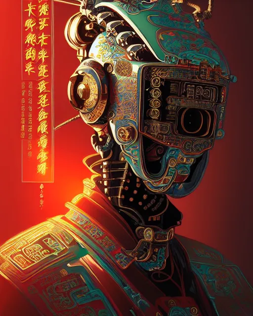 Image similar to portrait of a chinese cyberpunk machine, machine face, robed, upper half portrait, decorated with chinese opera motifs regal royal fierce machine robot cyberpunk fine china, wuxia, traditional chinese art intricate intense elegant highly detailed digital painting artstation concept art smooth sharp focus illustration, art by artgerm and greg rutkowski alphonse mucha 8 k