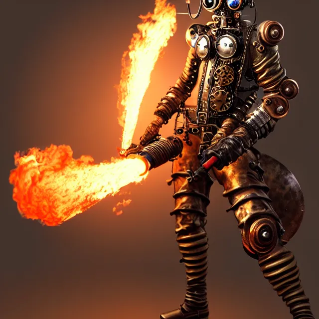 Prompt: steampunk warrior with a flamethrower, highly detailed, 8 k, hdr, award - winning, trending on artstation, clayton crain