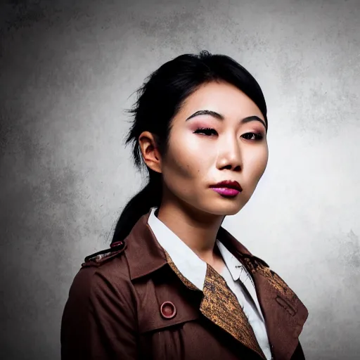 Prompt: photograph of an asian woman thirty years old with burn scars all over her neck and nose wearing a trench coat, steampunk background, portrait, 4 k, hd, art station trending, sharp and highly detailed