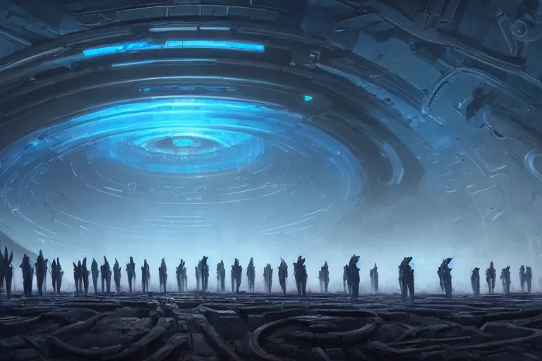 Image similar to high angle view of a crowd of androids walking in a line along a spiral path towards an ancient alien portal, pilgrimage, in mad max style, stargate, coriolios rpg art style, full of details, dark sci - fi, cold blue colors, matte painting, artstation, 8 k, hyperrealistic, style of peter mohrbacher