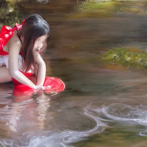 Image similar to 7 years old rina playing with the water, wearing white cloths, and a red bow in her hair, sitting by the side of a creek, in the painting style of comic books, 8 k, detailed, tele photo lens, rule of thirds