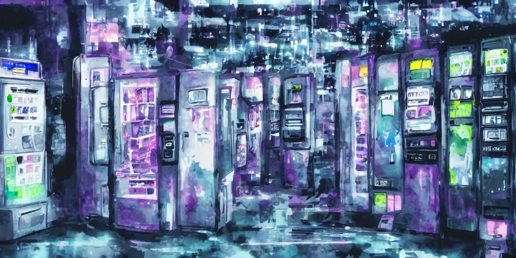 Image similar to broken vending machines, Ghost in the Shell, ultrawide watercolor