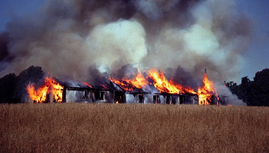 Image similar to 1 9 7 0 s movie still of a burning french village's house in a field, cinestill 8 0 0 t 3 5 mm, high quality, heavy grain, high detail, texture, dramatic light, ultra wide lens, panoramic anamorphic, hyperrealistic