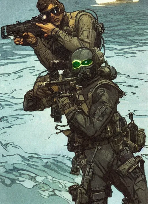 Image similar to Hector. USN blackops operator emerging from water at the shoreline. Agent wearing Futuristic stealth suit and looking at an abandoned shipyard. rb6s, MGS, and splinter cell Concept art by James Gurney, Alphonso Mucha. Vivid color scheme.