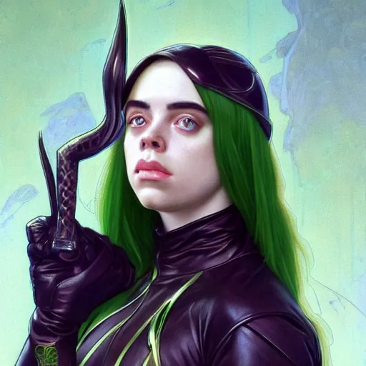 Image similar to Billie Eilish as Female Loki, very detailed, digital art, trending on artstation, concept art, smooth, illustration, art by artgerm and greg rutkowski and alphonse mucha and J. C. Leyendecker and Edmund Blair Leighton and Katsuhiro Otomo and Geof Darrow and Phil hale and Ashley wood