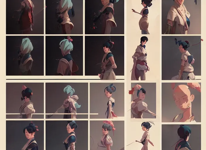 Image similar to character sheet for a beautiful girl, for genshin impact by greg rutkowski, james gilleard, atey ghailan, makoto shinkai, goro fujita, studio ghibli, rim light, exquisite lighting, clear focus, very coherent, plain background, soft painting by huang guangjian and gil elvgren and sachin teng