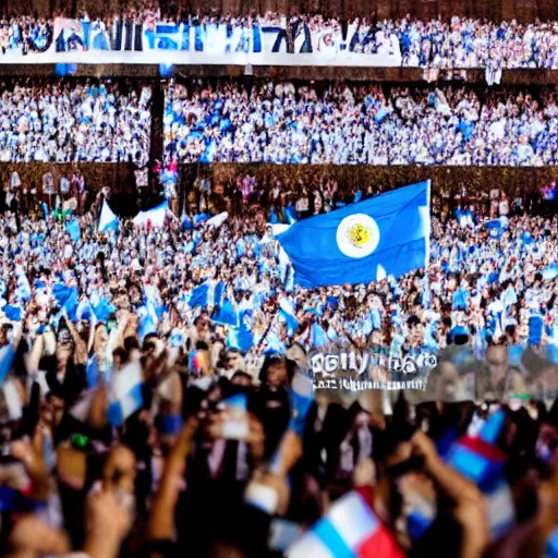 Image similar to Lady Gaga as president, Argentina presidential rally, Argentine flags behind, bokeh, giving a speech, detailed face, Argentina