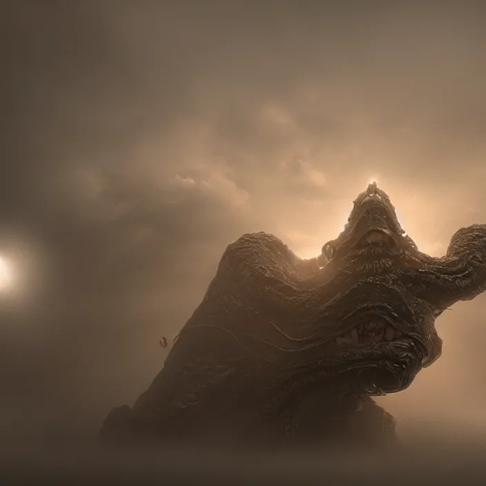 Image similar to a lovecraftian monster emerges out of the clouds, volumetric lighting, fog, atmospheric, high resolution, rendering, octane, redshift