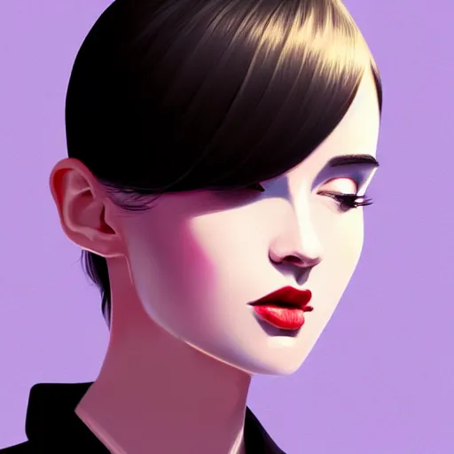 Image similar to rich young female in black tuxedo, scornful, disdainful, muted colors, matte print, pastel colors, 2d, ultra highly detailed, smooth, sharp focus, digital art, digital painting, fan art, elegant, artstation, head is centered, by Ilya Kuvshinov