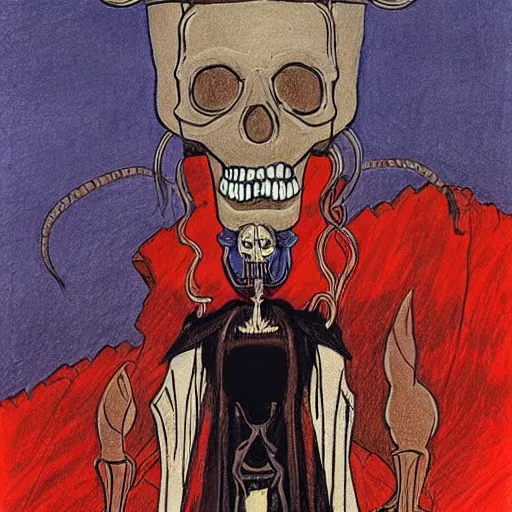 Prompt: A beautiful drawing of a horned, red-eyed, skeleton-like creature, with a long black cape, and a staff with a snake wrapped around it, standing in front of a castle atop a cliff. ikebana by Vincent Di Fate, by Frank Lloyd Wright intuitive