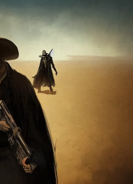 Prompt: the man in black fled across the desert, and the gunslinger followed, digital painting, dark tower illustration, by greg rutkowski