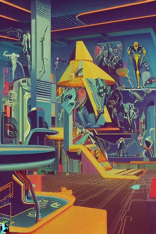 Prompt: 8 0 s art deco indoor spacestation with swimmingpool, robots, led screens, droids, neon sign, cinematic dramatic cyberpunk textural fluid lines otherworldly vaporwave interesting details fantasy lut epic composition by basquiat zdzisław beksinski james jean artgerm rutkowski moebius francis bacon gustav klimt