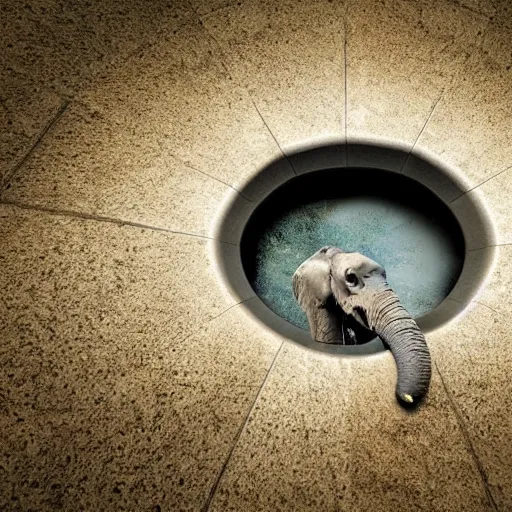 Prompt: dreamlike photo of an elephant trunk coming up the shower drain