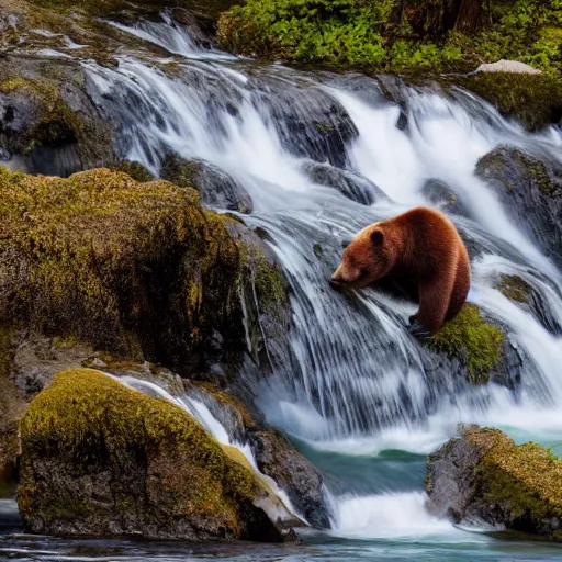 Image similar to hundreds of bears catching a salmon at the top of a small waterfall in alaska, national geographic photo, detailed 4 k