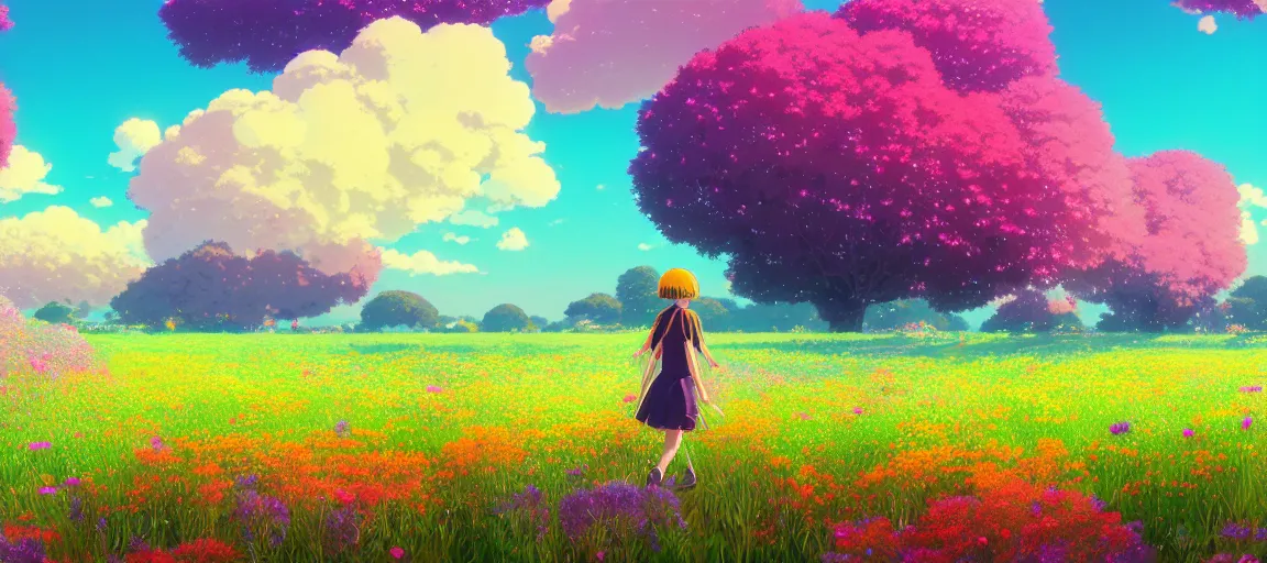 Prompt: a beautiful ultra - detailed panorama of a girl walking through a field of colorful flowers by beeple, studio ghibli, makoto shinkai, wallpaper, highly detailed, trending on artstation, anime