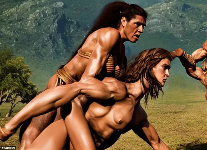 Image similar to beautiful tall muscular greek amazon woman wrestling a centaur, movie still, from the movie caveman, 8 k, realistic, action photography