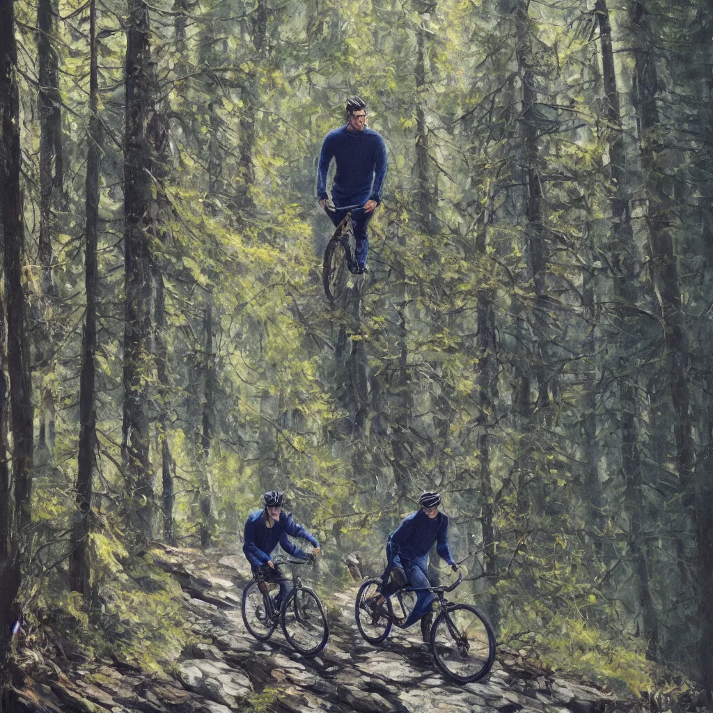 Image similar to Two men biking up a steep forest hill. One with a deep dark blue sweater and the other with a wine red sweater. sweaty. Oil painting. Emotional. Trending on artstation. Steep. Nordic Trees. Rustic. Artistic.