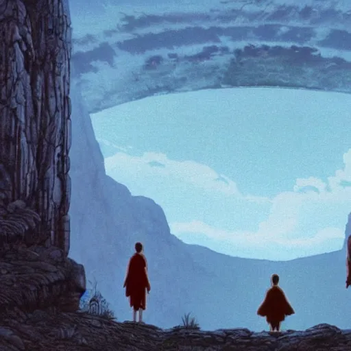 Image similar to movie still from princess mononoke ( 1 9 9 7 ) showing a highly detailed landscape with two monks praying with stonehenge in the background 1 9 8 0 s science fiction, 1 9 7 0 s science fiction, cyberpunk, moody, misty, depth perception, 4 k, artstation