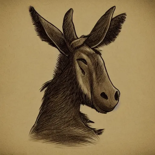 Prompt: tintype, ink drawing of a man-sized anthropomorphic donkey wearing elegant clothing, brown color scheme, detailed, realistic, sketch, cartoon, funny, elegant, woods background, fairytale