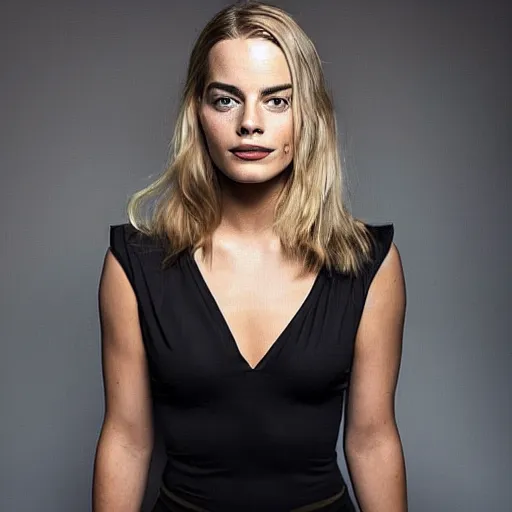 Image similar to a woman who is a genetic combination of margot robbie and emma watson face and upper - body focus