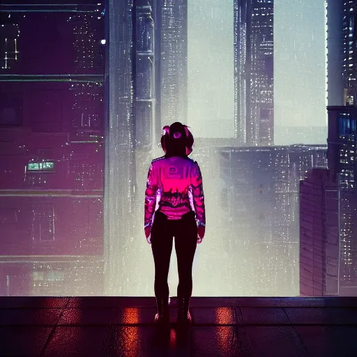 Image similar to a woman standing on the top of a building in a cyberpunk city, nighttime, raining, intricate artwork by Tooth Wu and wlop and beeple, octane render, hyper realism, 8k